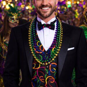 Colorful Mardi Gras Serpentine Tuxedo Vest and Bow Tie Set, Festive Pattern Vest